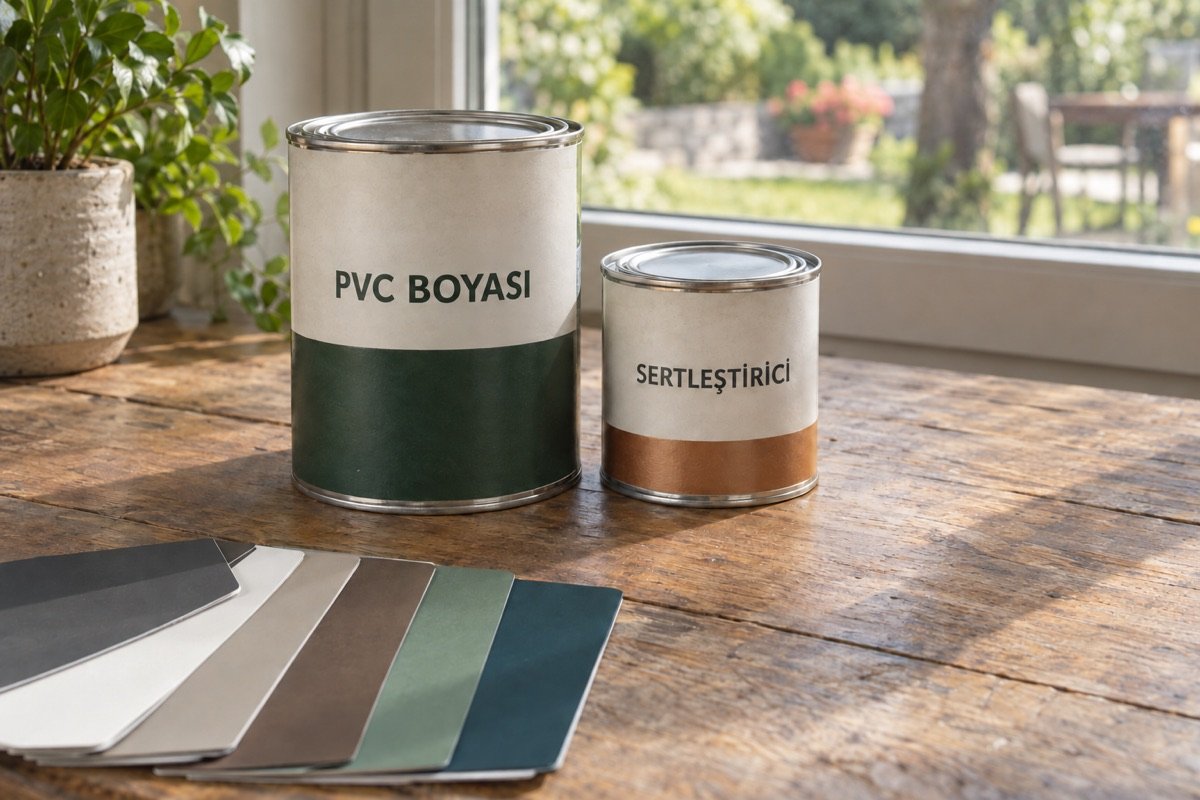 PVC boyası ve sertleştirici etiketli iki metal kutu ve renk kartelası